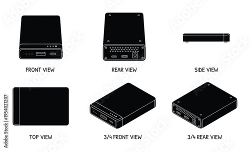 Multiple views of a device illustration, front, rear, side, top, 3/4 front and rear views