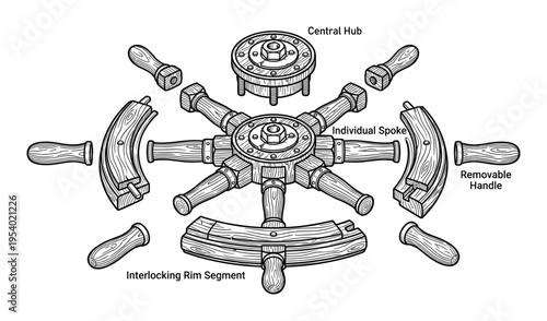 Nautical ship wheel construction drawing, individual parts, spokes, rim segments, central hub, removable handles