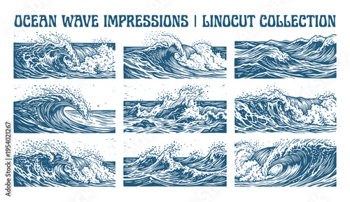 Ocean Wave Impressions Linocut Collection of nautical ocean waves in blue vintage sea illustration.