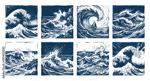 Ocean waves woodcut vector illustrations, sea storm, ocean art, nautical illustration, vintage waves