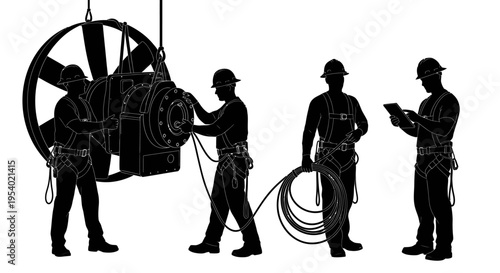 Three workers in hard hats operate and inspect heavy machinery with ropes.