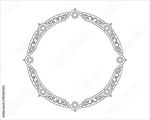 Ornamental round frame with floral elements and geometric star shapes decoration art