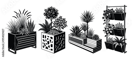 Outdoor planters black and white line art. Modern containers with plants illustration.