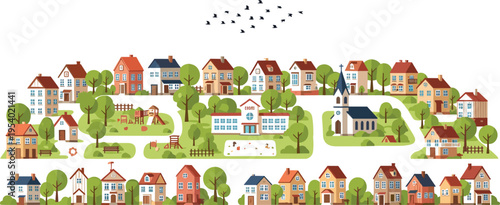Scenic colorful village landscape with houses park playground school and church flat vector illustration