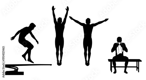 People jumping and sitting on bench in various poses outdoors