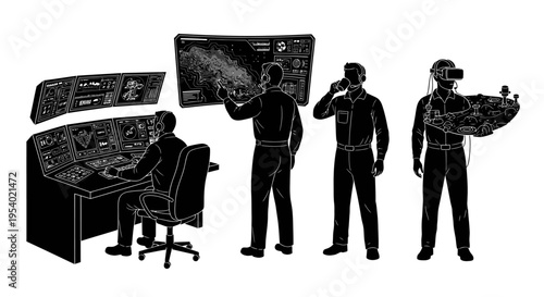 Military personnel operate control room systems with tactical map displays