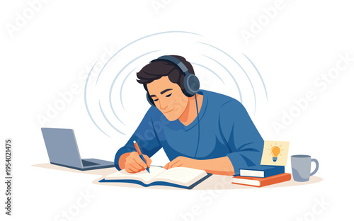 A creative productivity spark situation where a team member uses audio stimulation to enhance idea generation and maintain workflow momentum during a project phase, visual metaphor