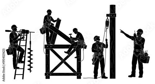 Workers installing large metal pole with tools and equipment on construction site