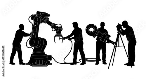 Workers operate industrial robotic arm with tools and camera equipment