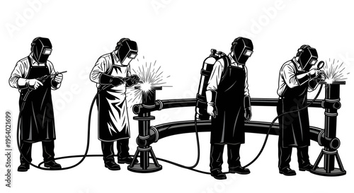 Four workers welding metal parts with tools in a workshop setting