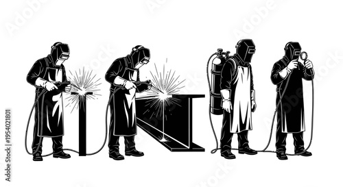 Four workers welding and cutting metal in an industrial setting with equipment