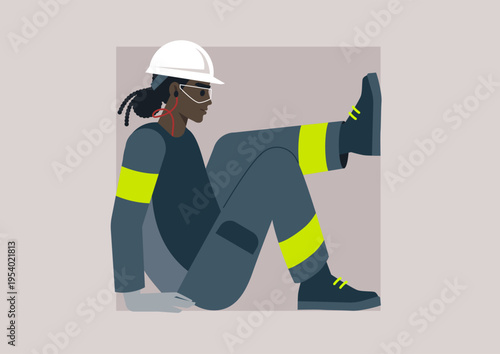 Character in a contrast color uniform engages in working process, highlighting the importance of safety gear while navigating challenging environments such as confined spaces