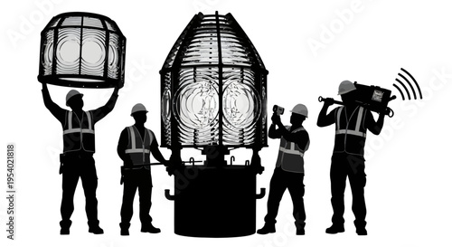 Workers install light bulb with equipment and tools around