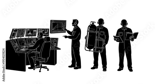 Three workers discuss safety equipment and monitor systems in an industrial control room setting with computers.