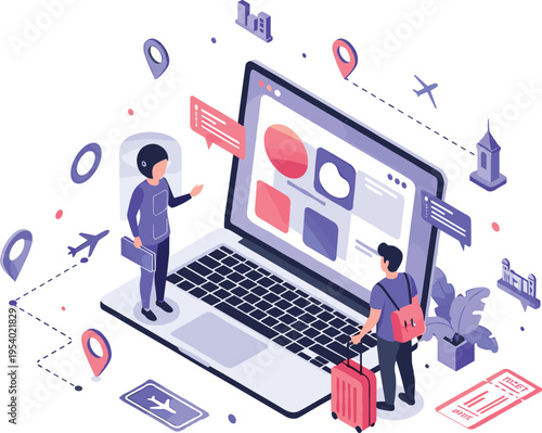 Online travel booking concept with laptop tickets tourists and navigation isometric vector illustration