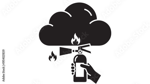 Fire extinguisher spraying flame with cloud of smoke and hand holding canister. featuring firefighting, safety, emergency with prevention and