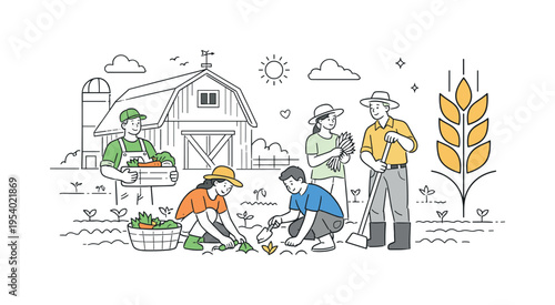 Farm work and agricultural livelihood illustration where a small group of people tends crops beside a large barn and a single wheat plant symbol, using the barn and wheat as a