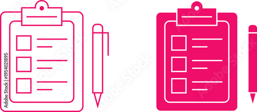 Set of clipboard with checklist and pen icons, flat design style, vector illustration