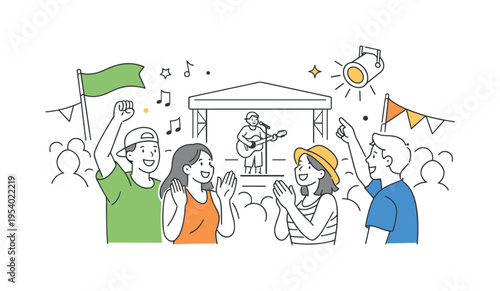 A festive outdoor event moment where friends gather in a lively crowd to enjoy performances, music, and cultural activities during a colorful public festival celebration, visual