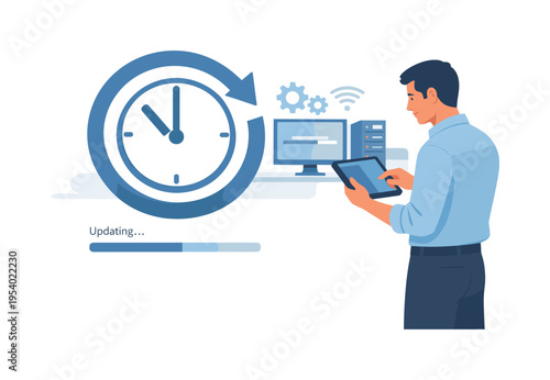 Digital workflow continuity and system refresh during a timed update process in a modern technology environment, a circular refresh arrow surrounding a simple clock symbol while a