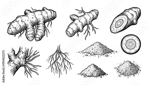 Turmeric Rhizome Roots and Powder Hand Drawn Engraving Illustration