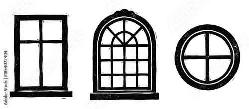 Window frames different shapes vector illustration, rectangle, arched, round architectural design