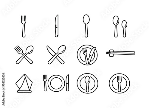 Dining table utensils: dinner fork, steak knife, tablespoon spoon, teaspoon spoon, fork and spoon crossed, knife and spoon crossed, plate with cutlery, chopsticks resting on holder