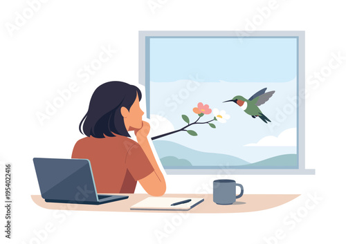 A mindful productivity refresh moment where an individual briefly pauses demanding routines to reconnect with simple natural beauty outside a workspace window, visual metaphor of a