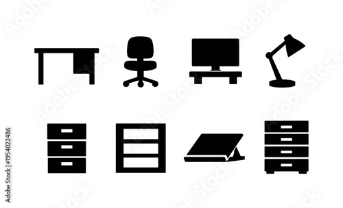 Home workspace furniture: office desk, swivel chair, computer monitor stand, desk lamp, filing cabinet, bookshelf, laptop stand, storage drawer unit