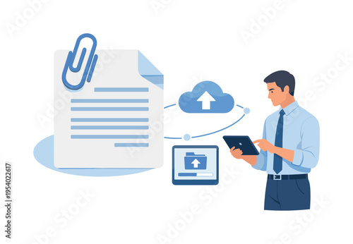 Professional file management and document submission in a digital workflow scenario, a large paper document icon connected with a paperclip attachment symbol while a professional