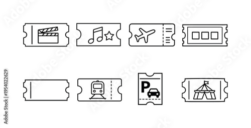 Ticket stub variations: movie ticket stub, concert ticket stub, airline boarding pass stub, raffle ticket stub, event admission ticket stub, train ticket stub, parking ticket stub