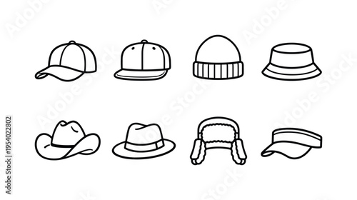 Caps and hats collection: baseball cap, snapback cap, beanie hat, bucket hat, cowboy hat, fedora hat, winter earflap hat, sun visor cap