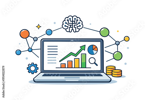Data-driven business strategy supported by artificial intelligence analyzing information and guiding better financial and operational decisions, a clean laptop screen displaying