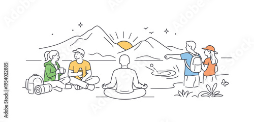 A group spending mindful time in nature to recharge energy and reduce stress, focusing on simple outdoor activities and peaceful surroundings, visualized through a clean scene of a