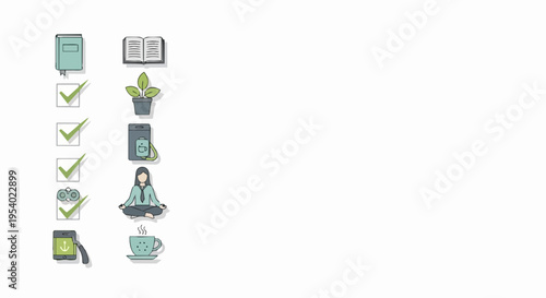 Daily routine icons display books, plant, smartphone, and completion checks. These daily routine elements include meditation, hot drink, and device charging.