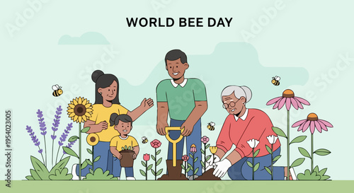 Family celebrating World Bee Day, planting flowers in garden. Multigenerational members actively gardening for World Bee Day, caring for nature.