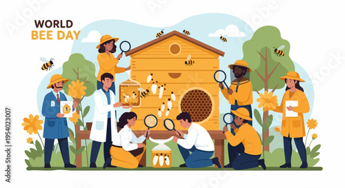 World Bee Day illustration features diverse group studying honeybees around beehive, emphasizing insect protection. World Bee Day activities involve researchers examining bees with magnifying glasses,