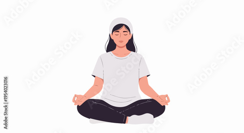 Young woman meditation in serene lotus pose, eyes closed, hands in mudra gesture. Female figure practicing meditation for inner peace and mental clarity, promoting relaxation.