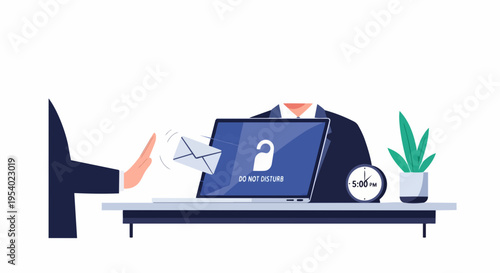 Illustration shows do not disturb, hand from laptop screen takes envelope. Do not disturb portrays message management, emphasizing 'Do Not Disturb' sign. Do not disturb for focus, business, work.