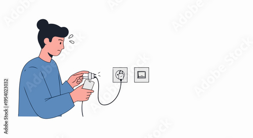 Person experiencing electrical problem trying to plug in device to wall socket. Man struggles with connecting power cord, facing common household electrical problem with appliance.
