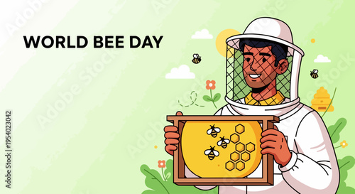 World Bee Day illustration displays beekeeper in protective suit holding honeycomb frame. World Bee Day emphasizes crucial ecological role of bees, depicting worker bees on hexagonal cells.