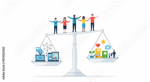 Diverse people stand on scale, symbolizing work life balance. One pan holds technology, other contains books, nature, illustrating vital work life balance. Concept art promotes well-being,