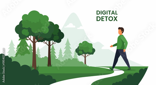 Person walking on winding path through green nature, representing digital detox concept for modern living. Man enjoys outdoor environment, leaving technology behind for healthy digital detox.