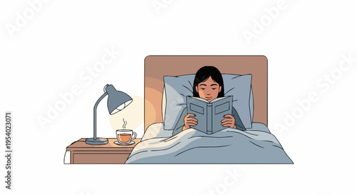 Person reading book in bed, warm light illuminates pages, creating calm evening ambiance. Cozy scene features comfortable pillow, soft blanket, hot beverage on nightstand.