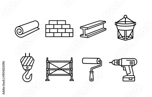 Building process elements: blueprint roll, brick wall section, steel beam girder, concrete bucket, construction hook, scaffold frame, paint roller, drill machine