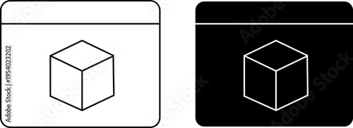 Set of two icons representing a 3d cube inside a window or box interface, outline and solid styles