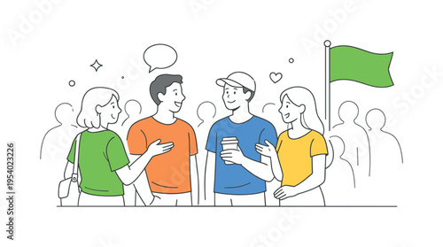 A public event and urban lifestyle scene where individuals gather and stand in a calm organized crowd environment, using a simplified group of standing figures and a single flag