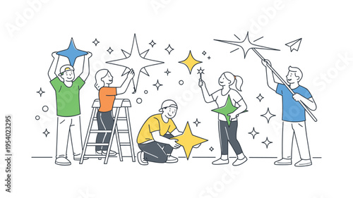 Creative design asset and decorative icon collection concept showing designers assembling a versatile set of sparkle and highlight elements for digital interfaces and branding