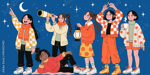 A group of friends enjoy a peaceful night of stargazing under the bright crescent moon and stars