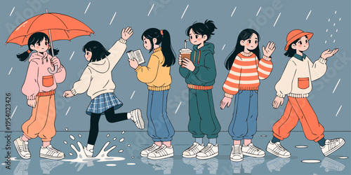 A group of young girls walking together under the rain while wearing colorful casual hoodies